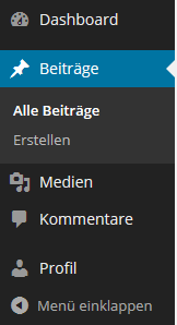 Haupt-Navigationsleiste am linke Rand des Browserfensters mit deaufgeklappten  Menü-Punkt "Beiträge"