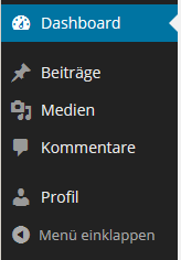 Haupt-Navigationsleiste am linke Rand des Browserfensters mit den Menü-Punkten "Dashboard", "Beiträge", "Medien", "Kommentare" und "Profil"